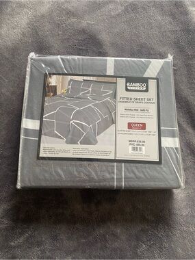 BAMBOO Queen Fitted Sheet Set - Gray with White Grid